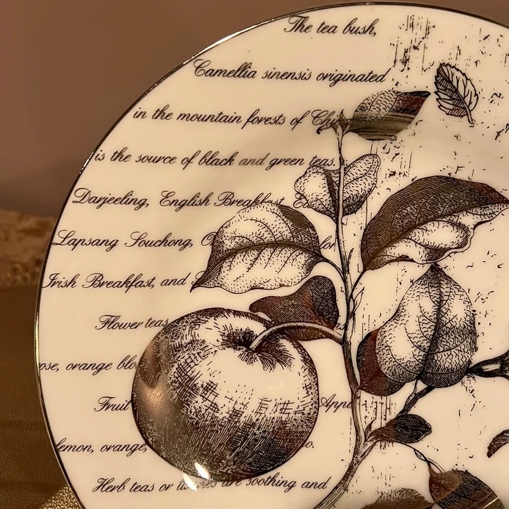 Pottery Barn Silver Fruit Tea Script Plates